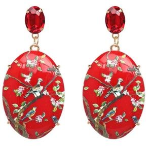 Oval Flower Bird Stone Earrings Red